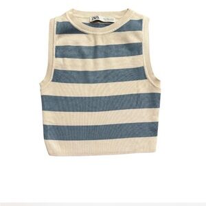 Zara Women's Blue and Cream Striped Knit Vest
